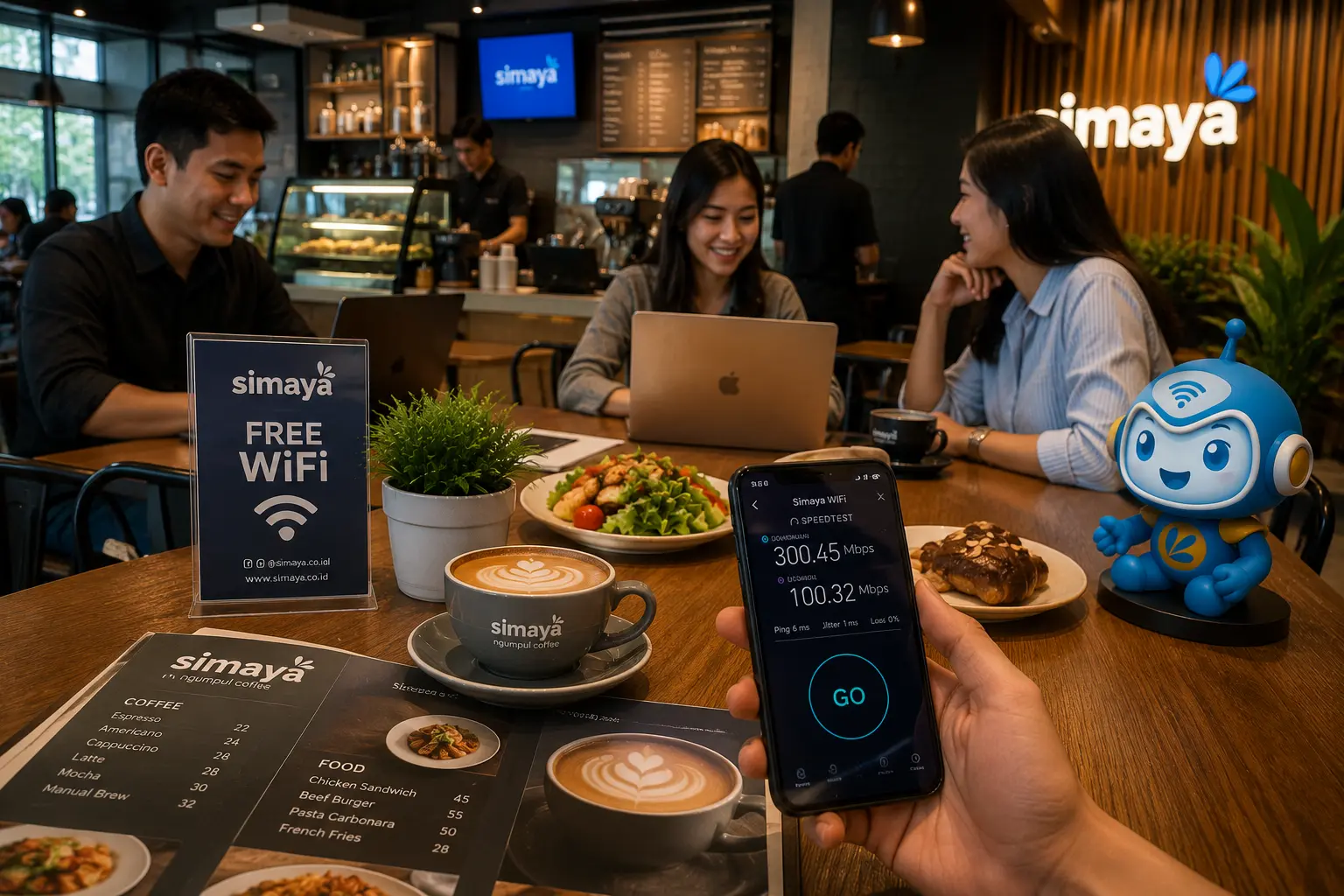 Pelanggan cafe menggunakan internet cepat Simaya