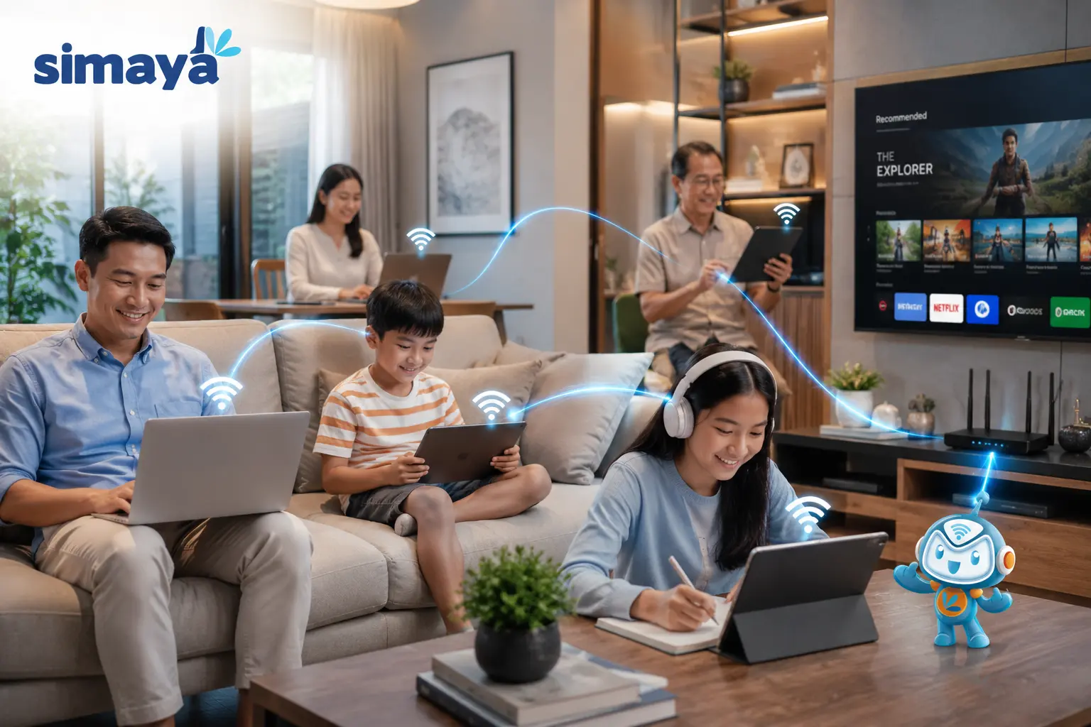 Keluarga menggunakan internet fiber cepat di rumah Bandung