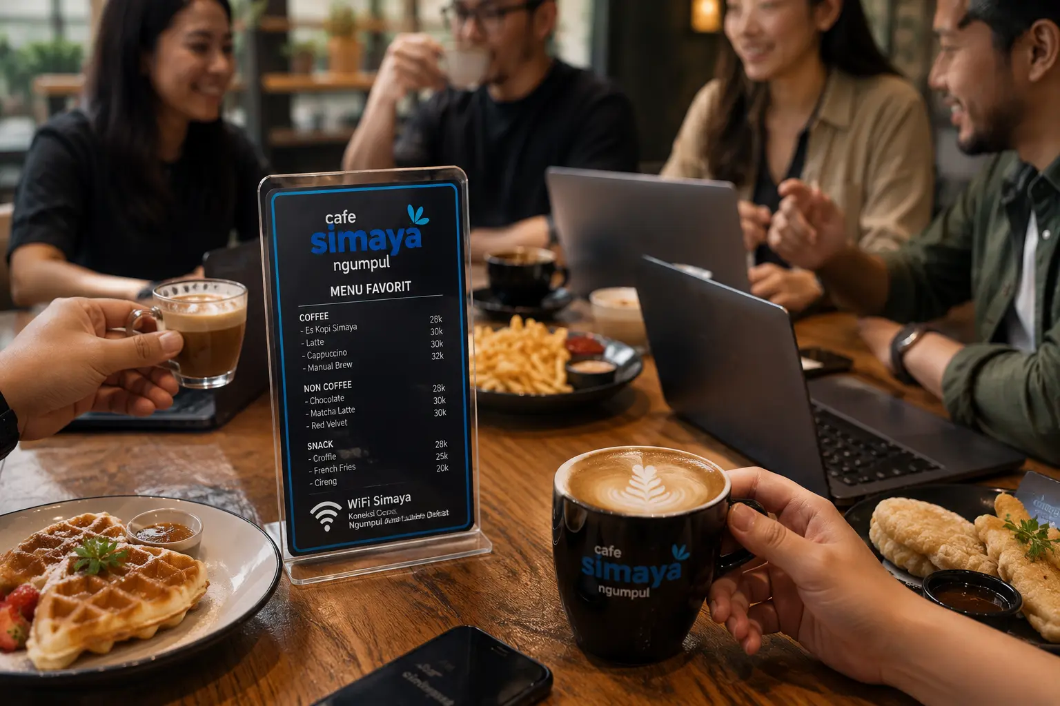 Komunitas bekerja di coffee shop dengan WiFi Simaya