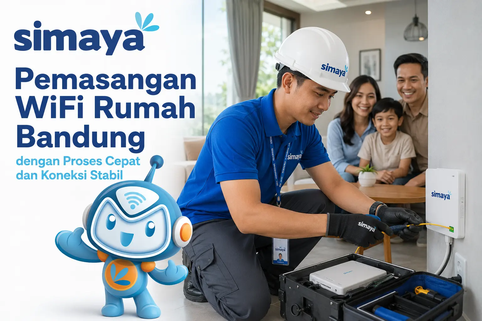 Pemasangan WiFi rumah Bandung oleh teknisi Simaya menggunakan jaringan fiber optic.