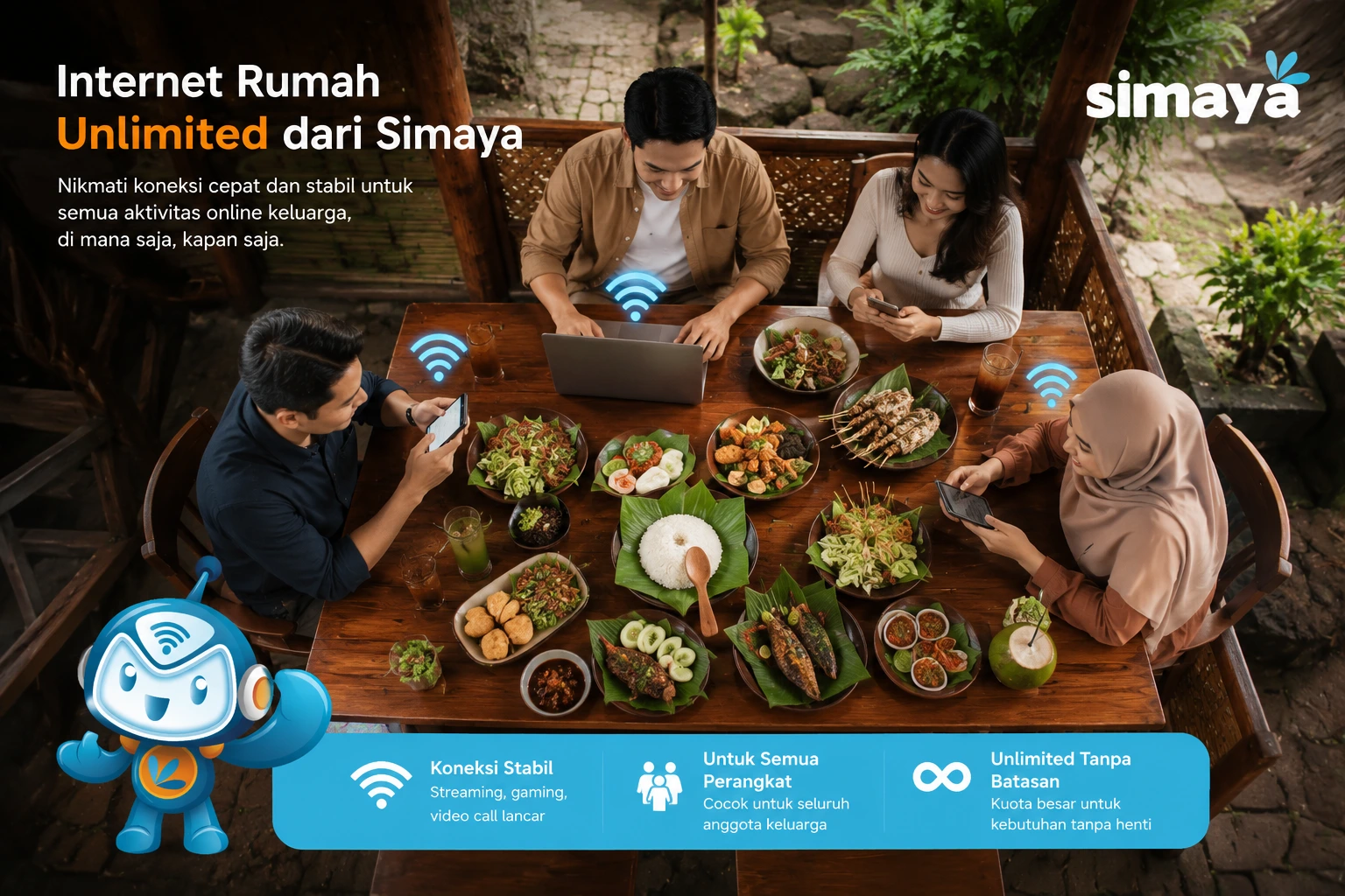 Pelanggan menikmati WiFi cepat di restoran