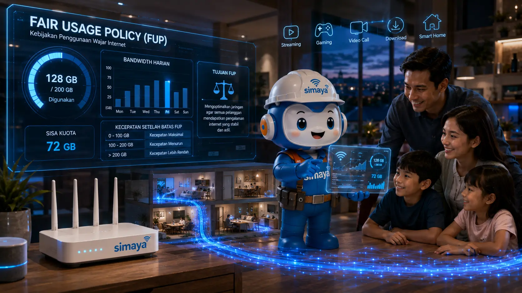 Visualisasi cara kerja Fair Usage Policy pada layanan internet fiber optik.