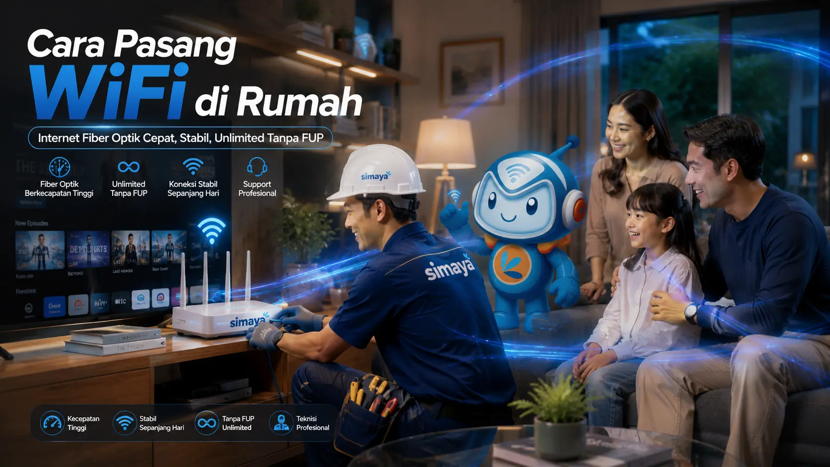 Teknisi Simaya membantu proses pemasangan WiFi rumah dengan internet fiber optik.
