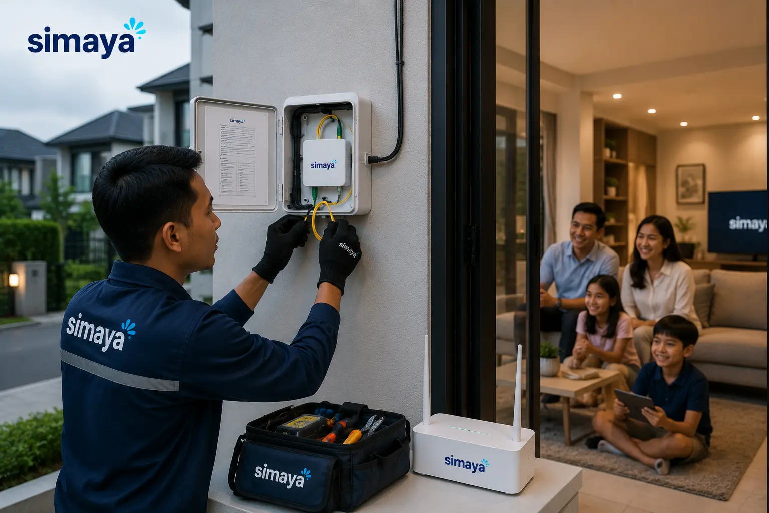 Teknisi memasang internet fiber optic di Bandung.