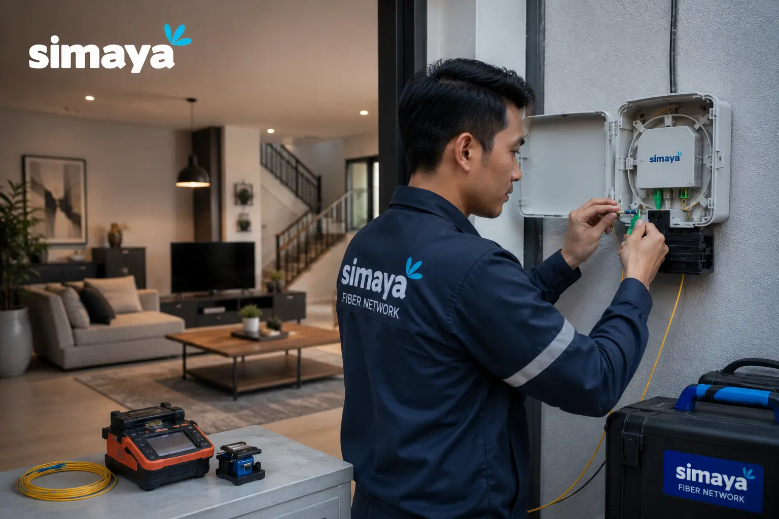 Teknisi memasang jaringan fiber optik di rumah Bandung
