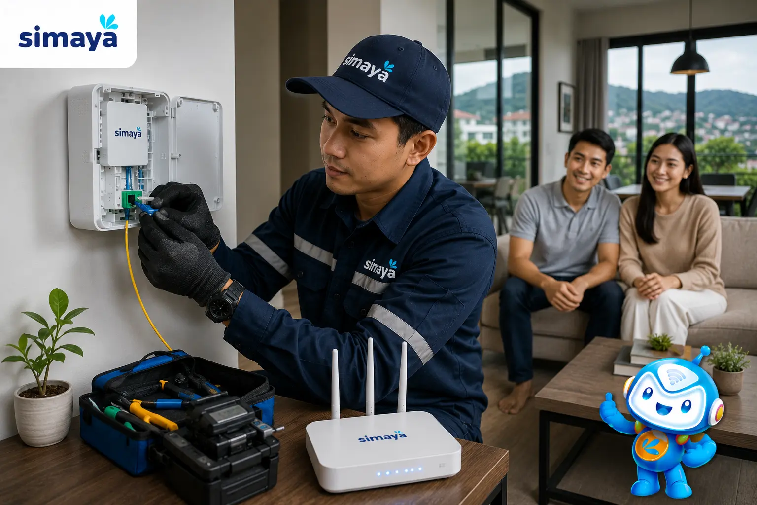 Teknisi memasang jaringan internet fiber optic di rumah Bandung