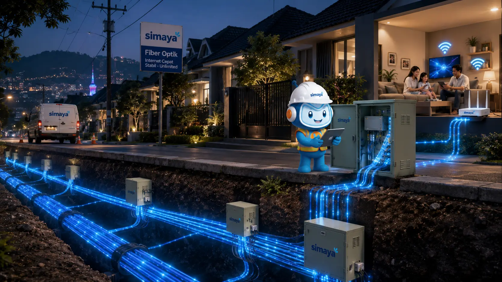 Jaringan fiber optik Simaya menghadirkan internet rumah cepat dan stabil.