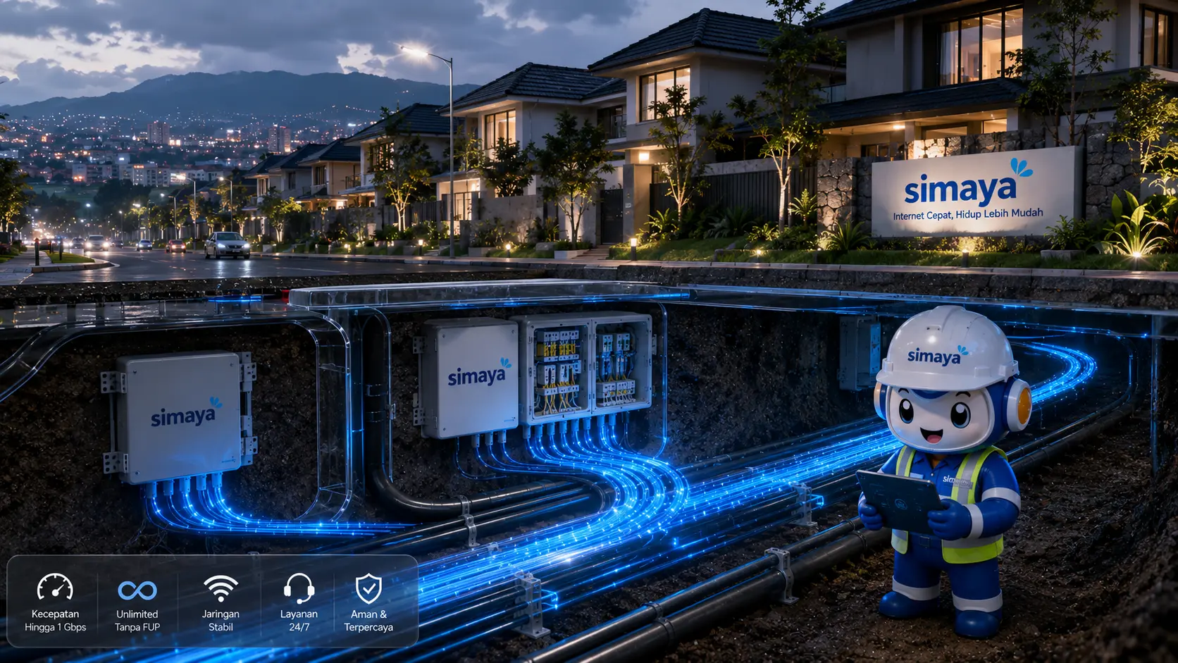 Infrastruktur fiber optik Simaya menghadirkan internet rumah yang stabil.
