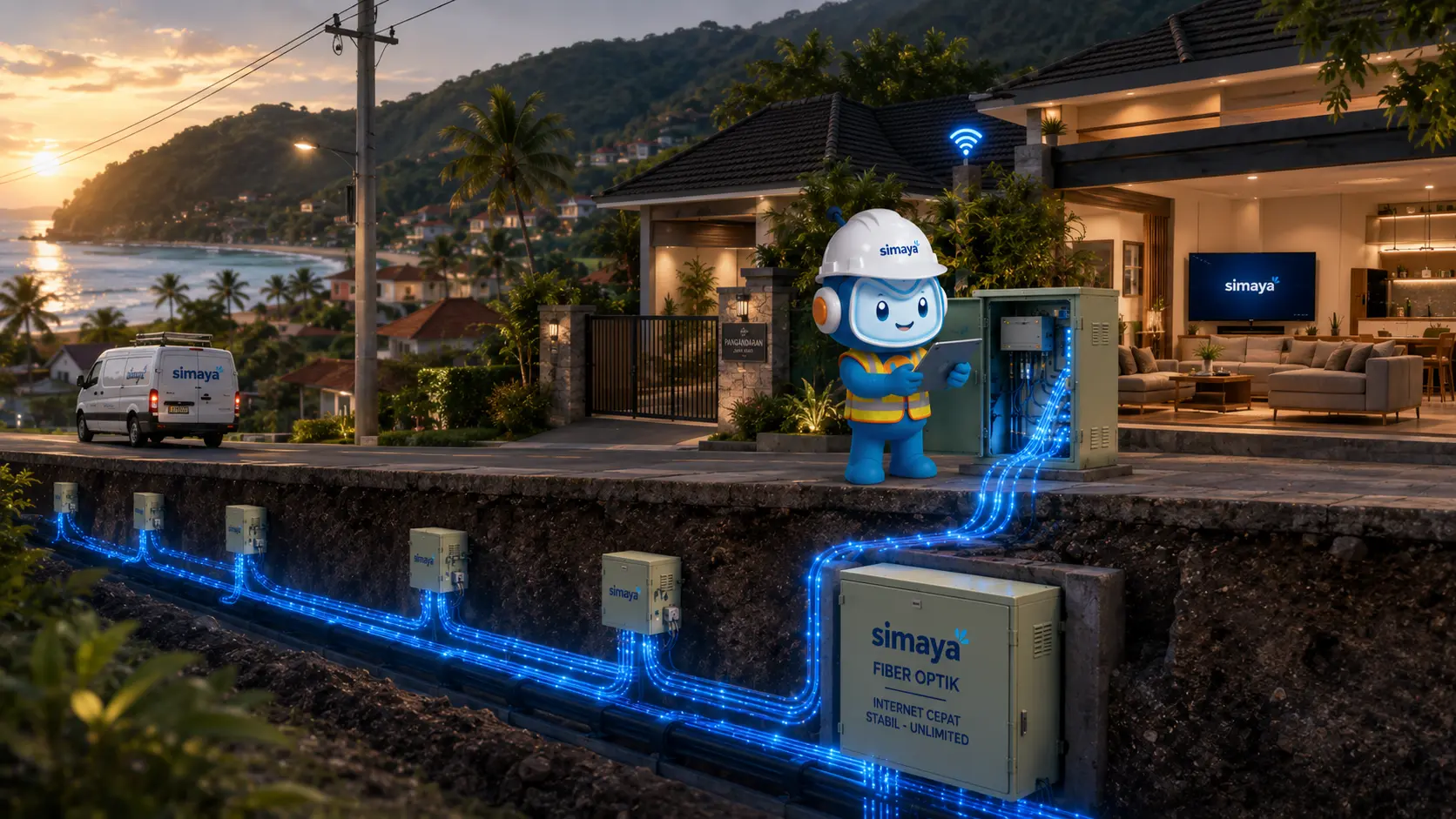 Infrastruktur fiber optik Simaya menghadirkan internet rumah cepat di Pangandaran.