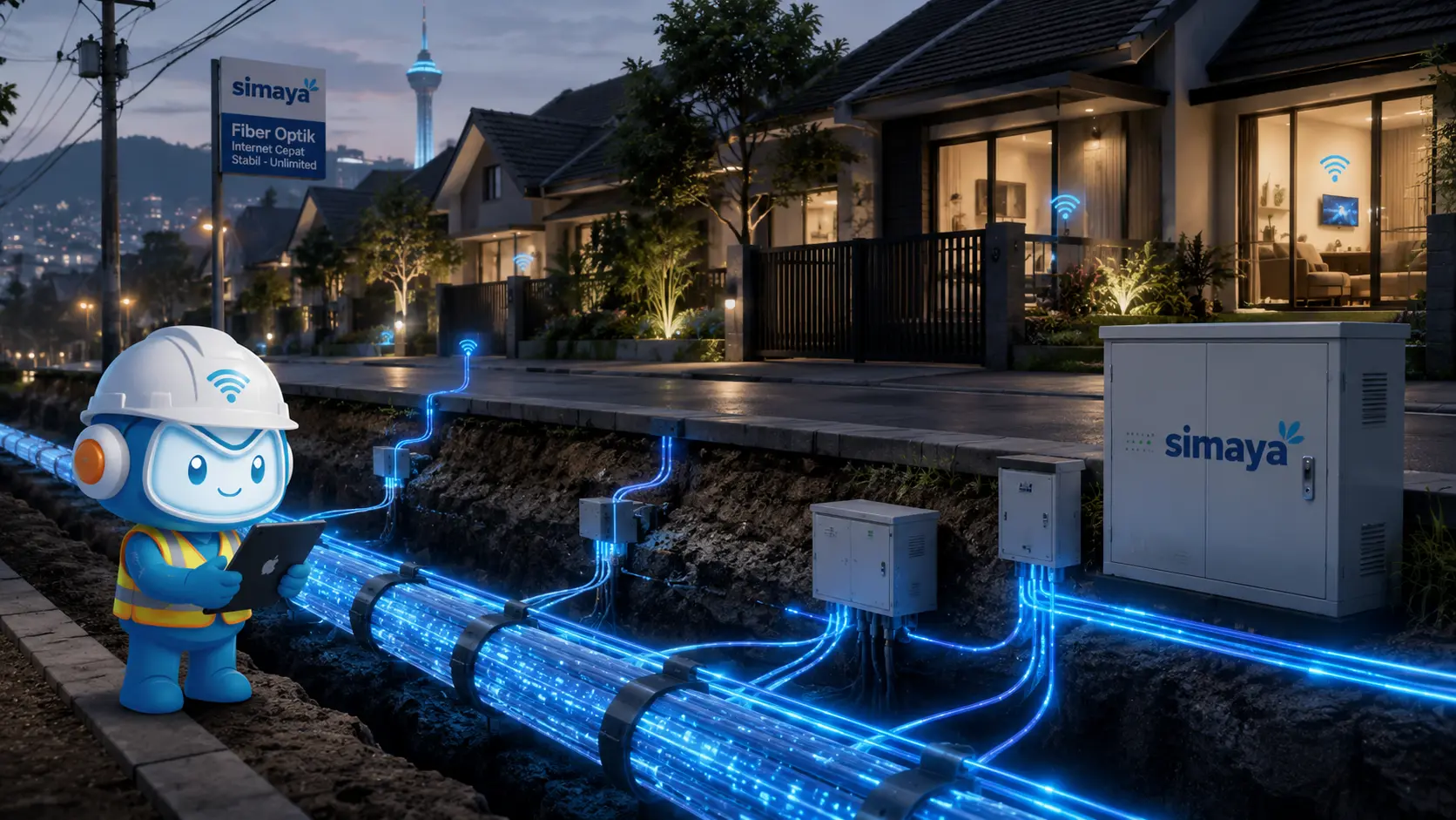 Jaringan fiber optik Simaya untuk layanan WiFi rumah di Bandung Kota.