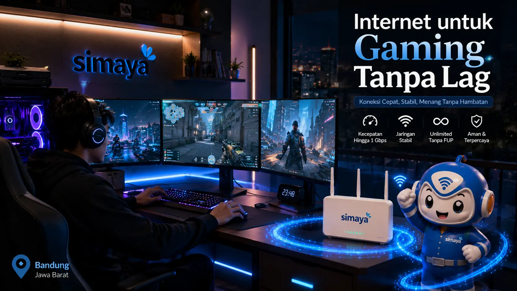 Gamer menikmati koneksi internet stabil tanpa lag bersama Simaya.