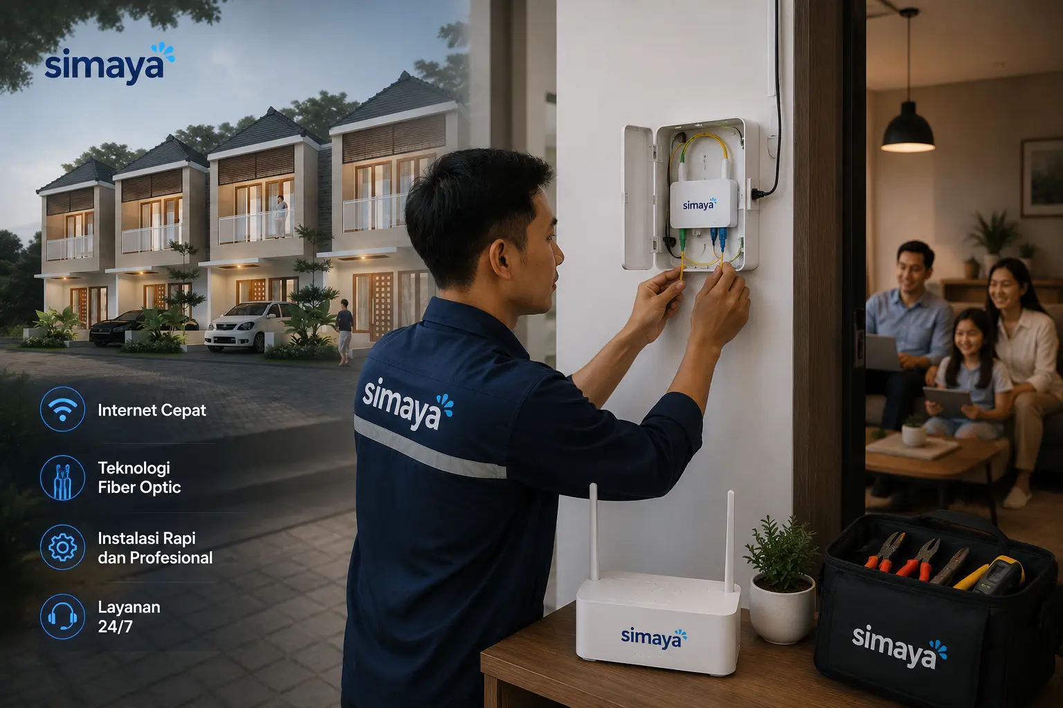 Teknisi memasang jaringan fiber optic di rumah Soreang
