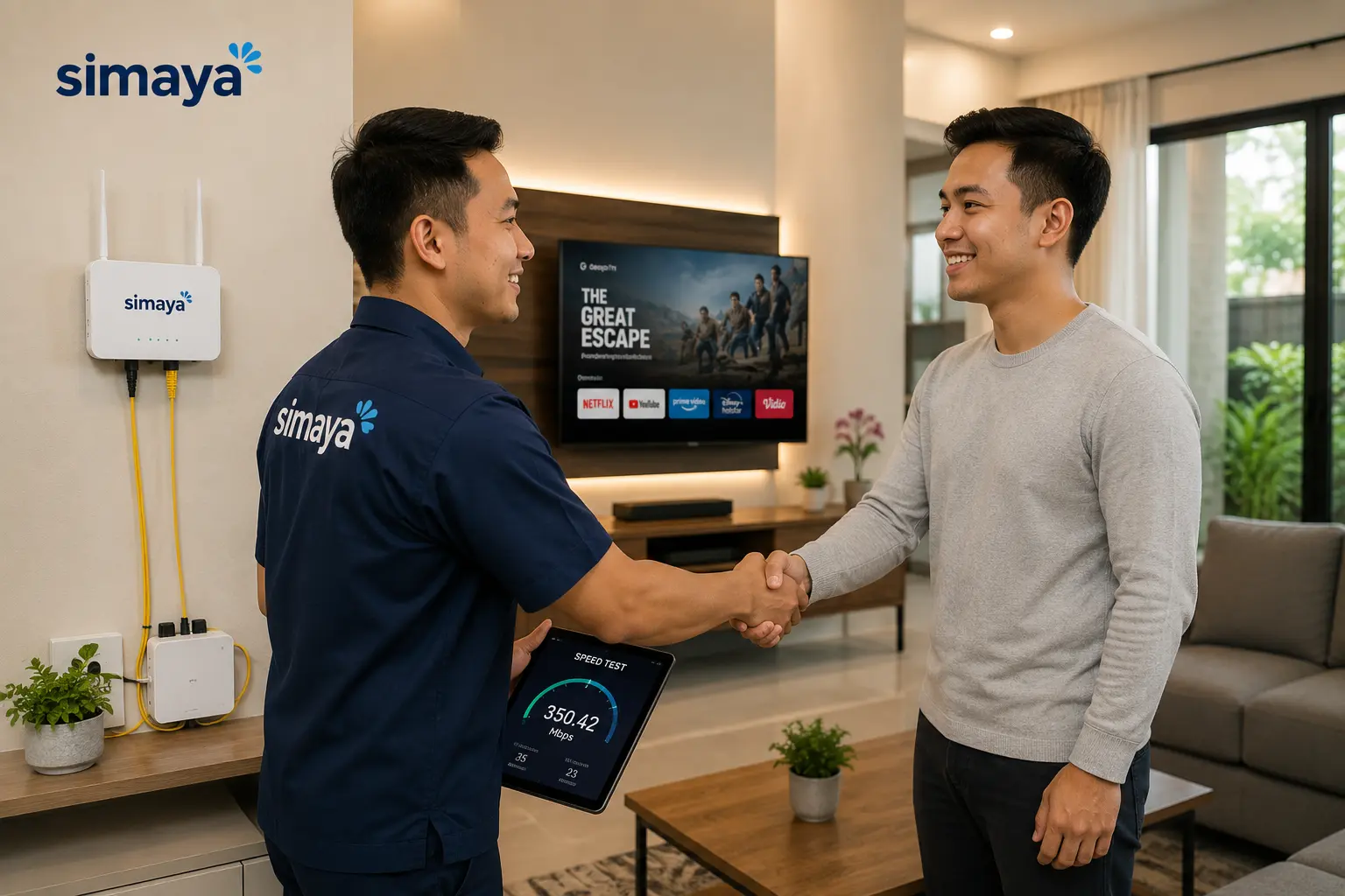 Teknisi Simaya memasang WiFi fiber optic di Kopo Bandung
