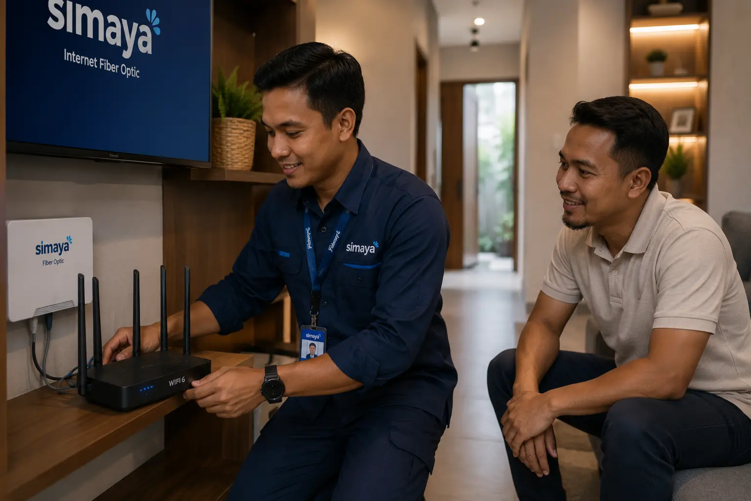 Teknisi Simaya memasang WiFi fiber optic di Arcamanik Bandung.