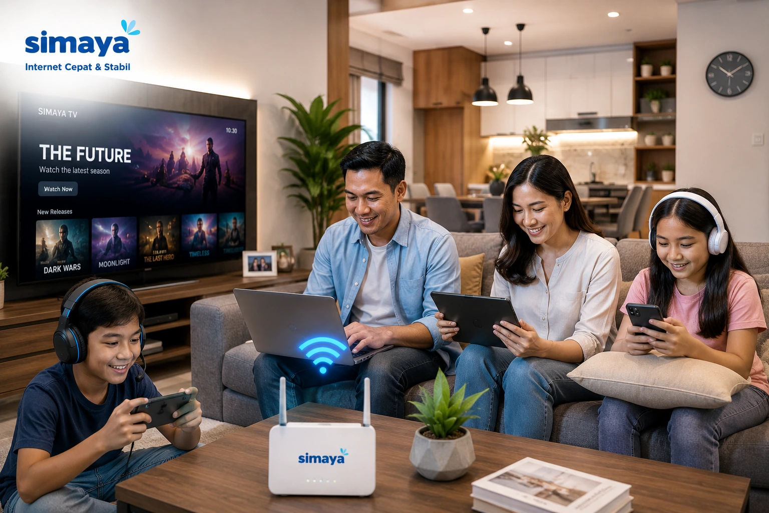 Keluarga Indonesia menggunakan internet fiber optik di rumah