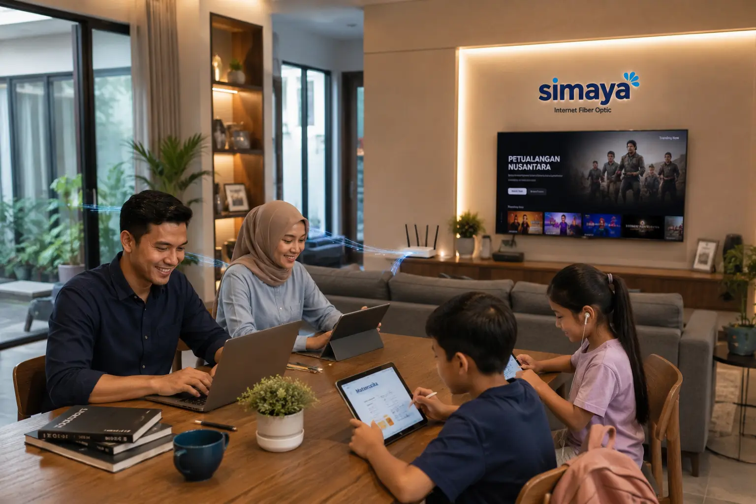 Keluarga menggunakan internet fiber optic Simaya di Arcamanik Bandung.