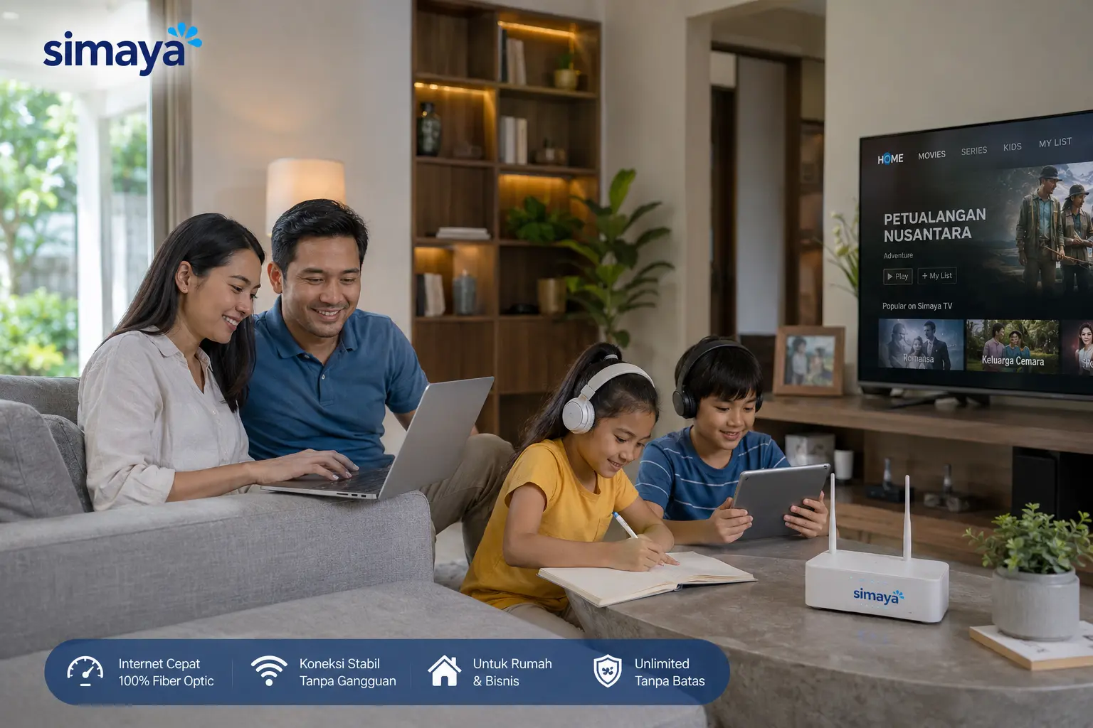Keluarga menggunakan internet cepat Simaya di Setiabudi Bandung.