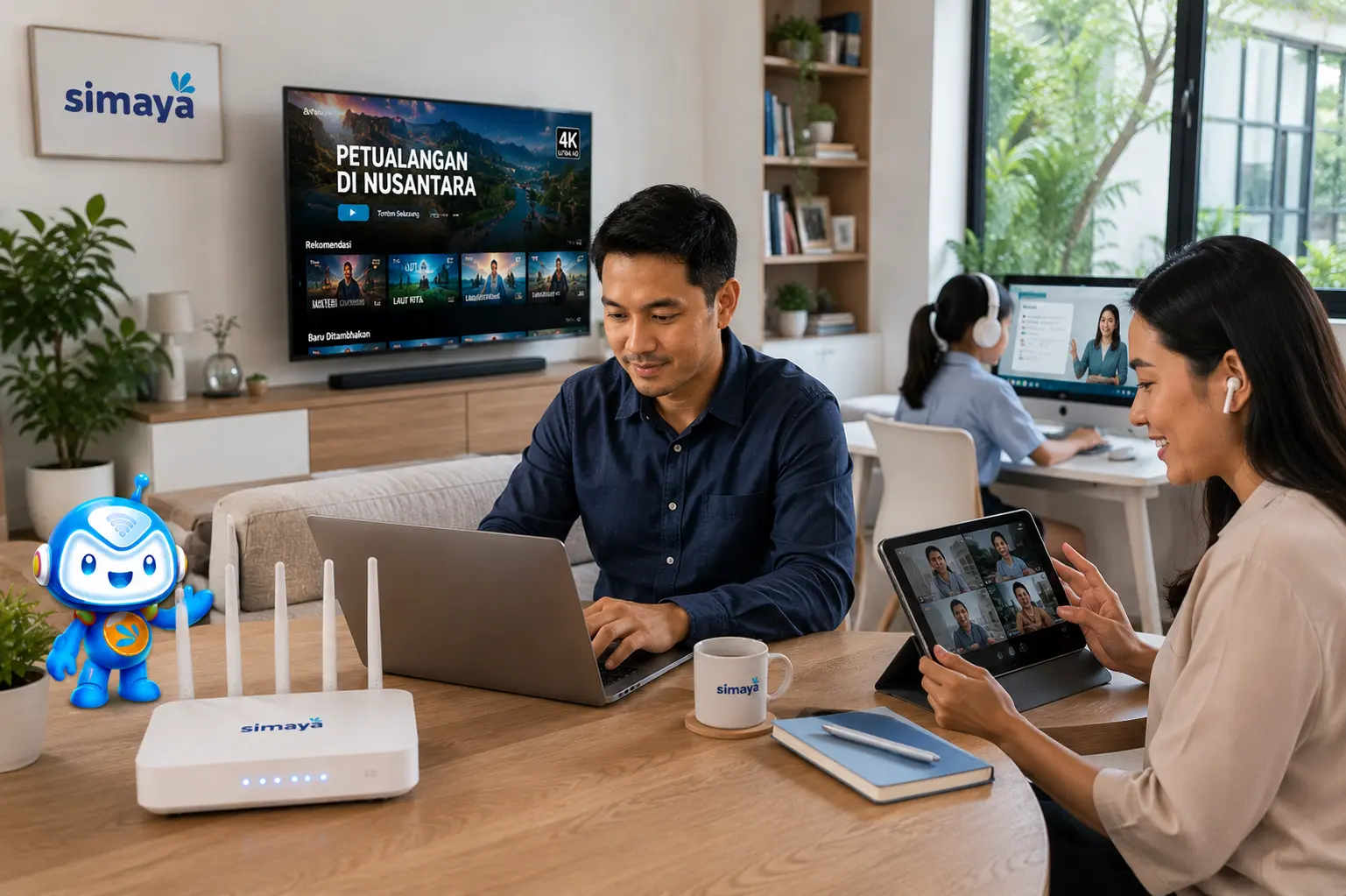 Keluarga di Bandung menggunakan internet rumah cepat untuk bekerja, belajar, dan hiburan