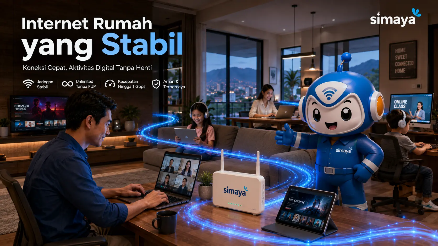 Internet rumah yang stabil dengan jaringan fiber optik Simaya.