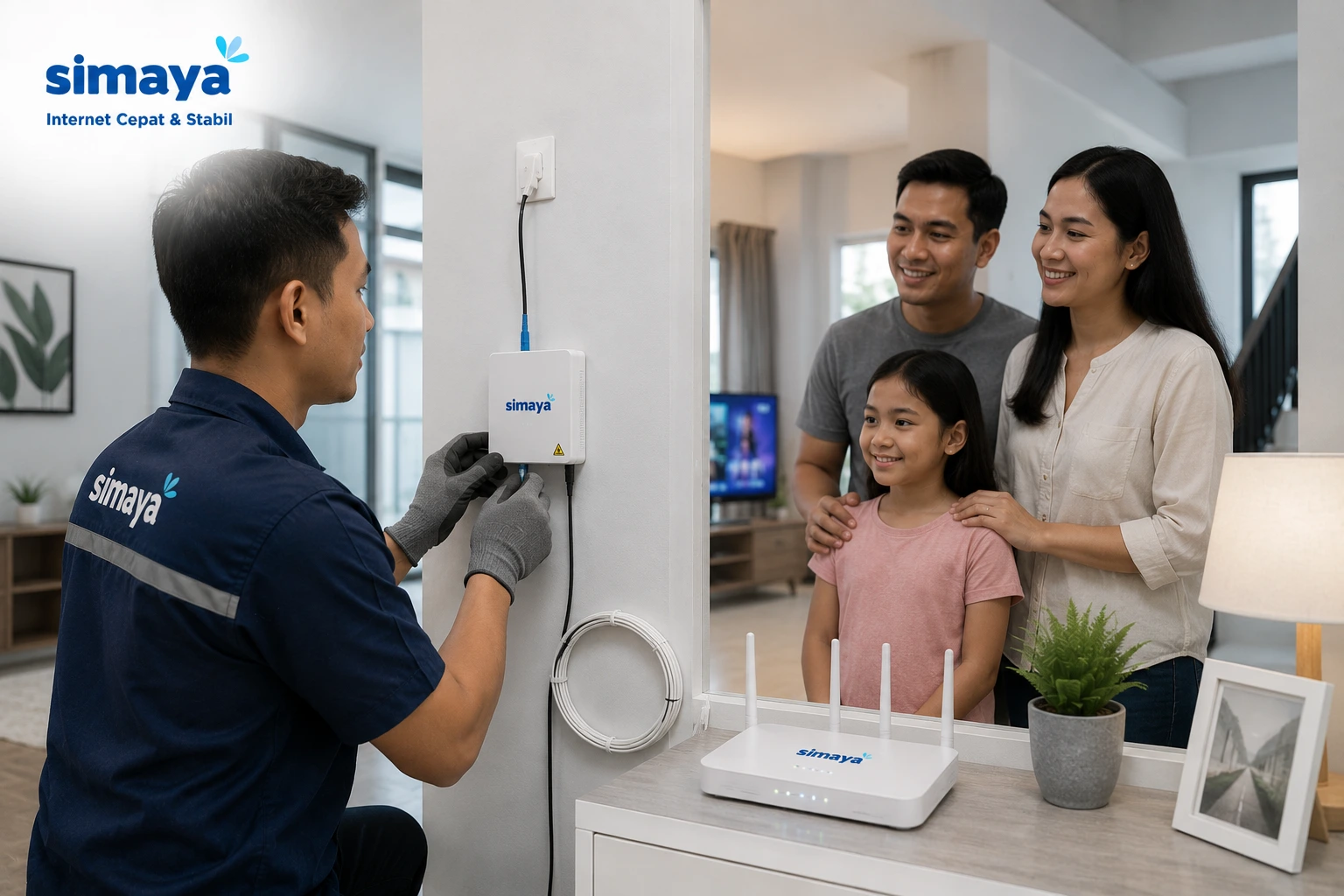 Teknisi Simaya memasang jaringan internet fiber optik