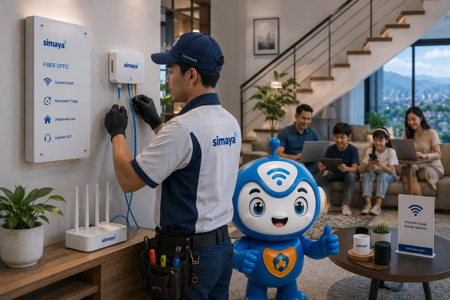 Teknisi Simaya melakukan instalasi jaringan fiber optik di Bandung