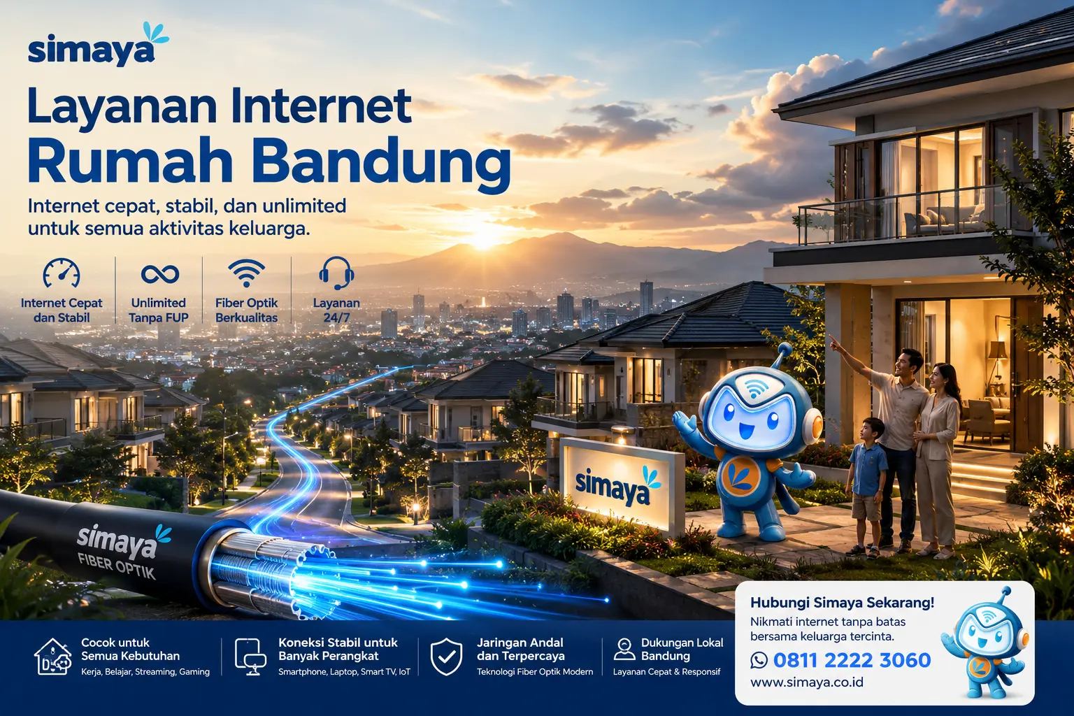 Keluarga modern di Bandung menggunakan layanan internet rumah Simaya untuk bekerja, belajar, dan hiburan digital.
