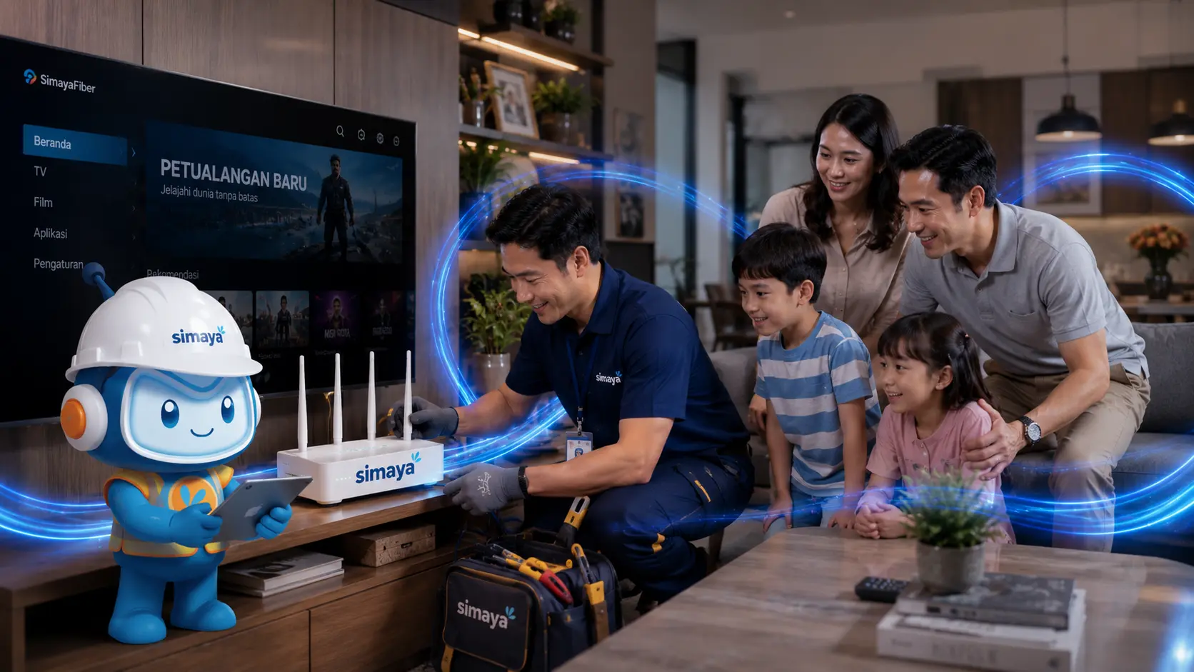 Proses instalasi internet fiber optik Simaya di rumah pelanggan.