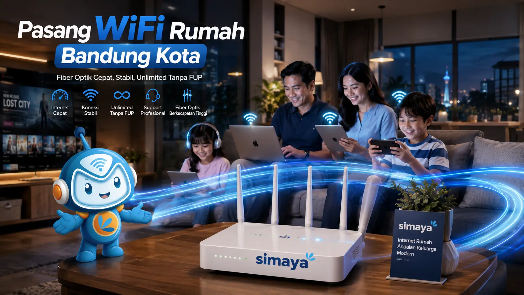 Router WiFi Simaya menghadirkan internet fiber optik cepat dan stabil di Bandung Kota.