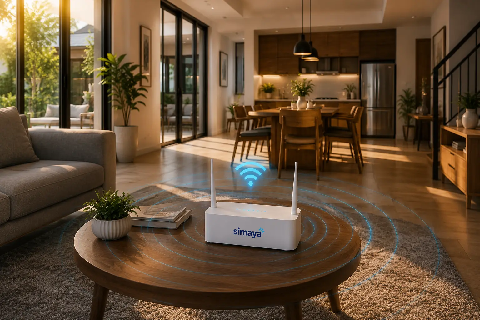 Router WiFi modern ditempatkan di ruang keluarga agar sinyal menjangkau seluruh area rumah. Ilustrasi ini menunjukkan praktik terbaik dalam mengoptimalkan kualitas jaringan WiFi