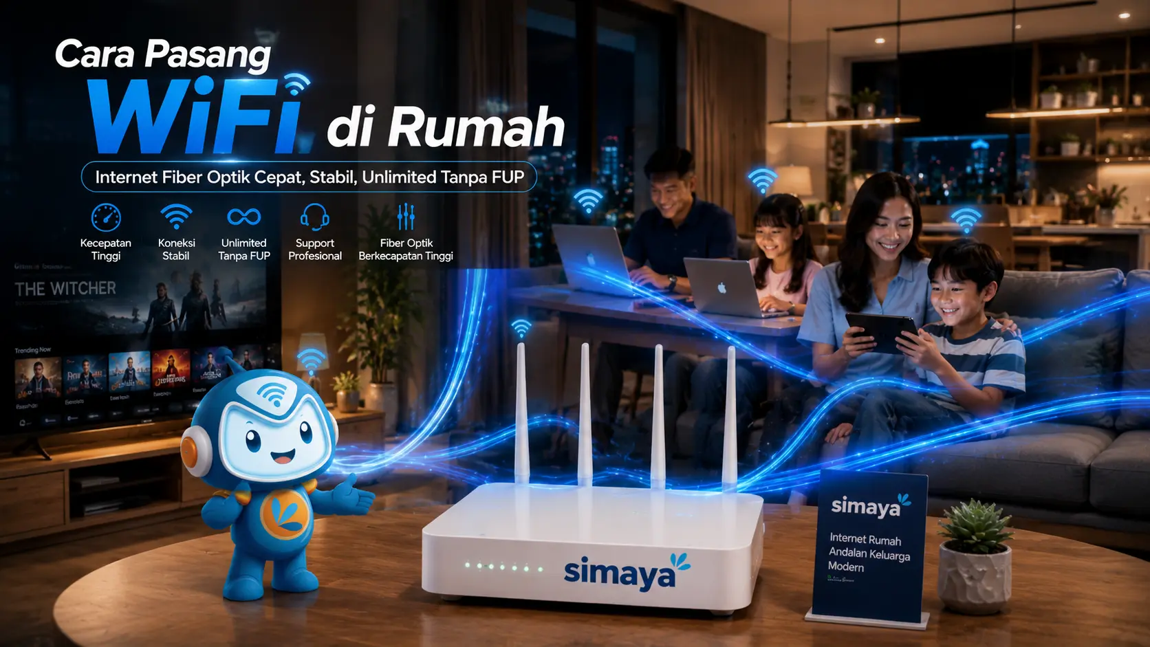 Router WiFi Simaya memberikan koneksi internet fiber optik cepat dan stabil.