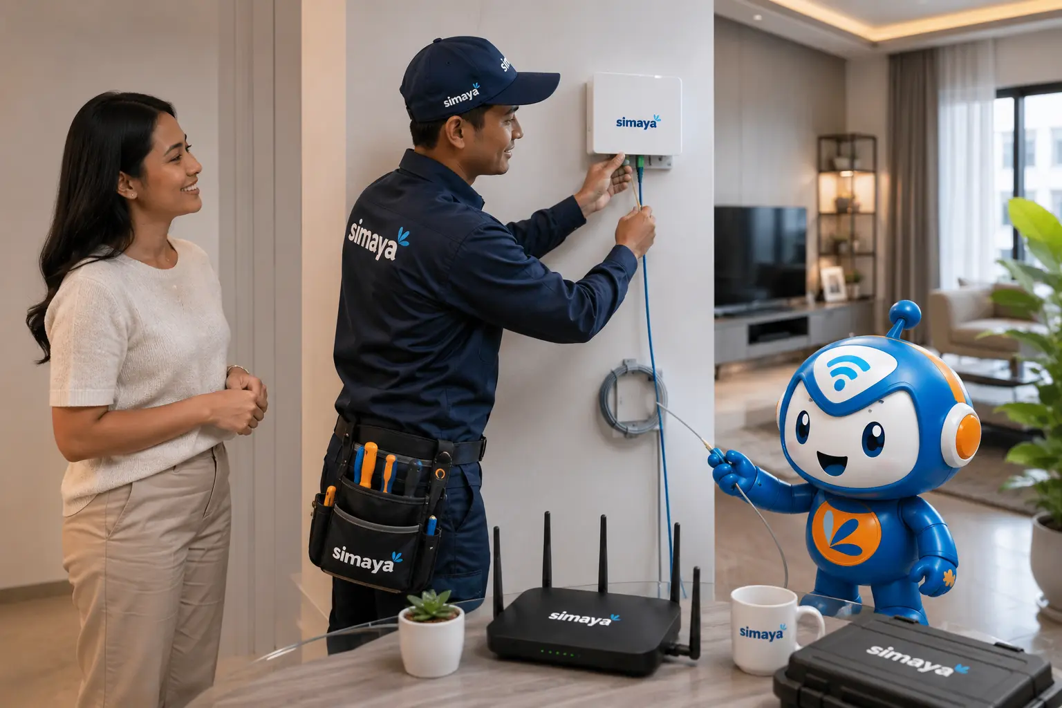 Teknisi Simaya melakukan instalasi jaringan fiber optik dengan rapi