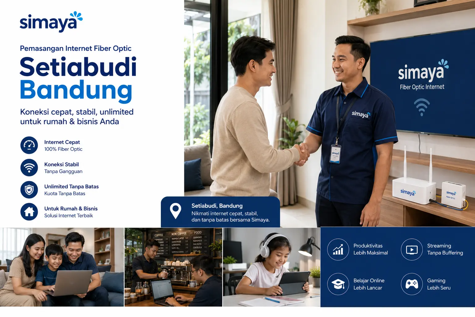 Teknisi Simaya memasang WiFi fiber optic di rumah pelanggan Setiabudi Bandung.