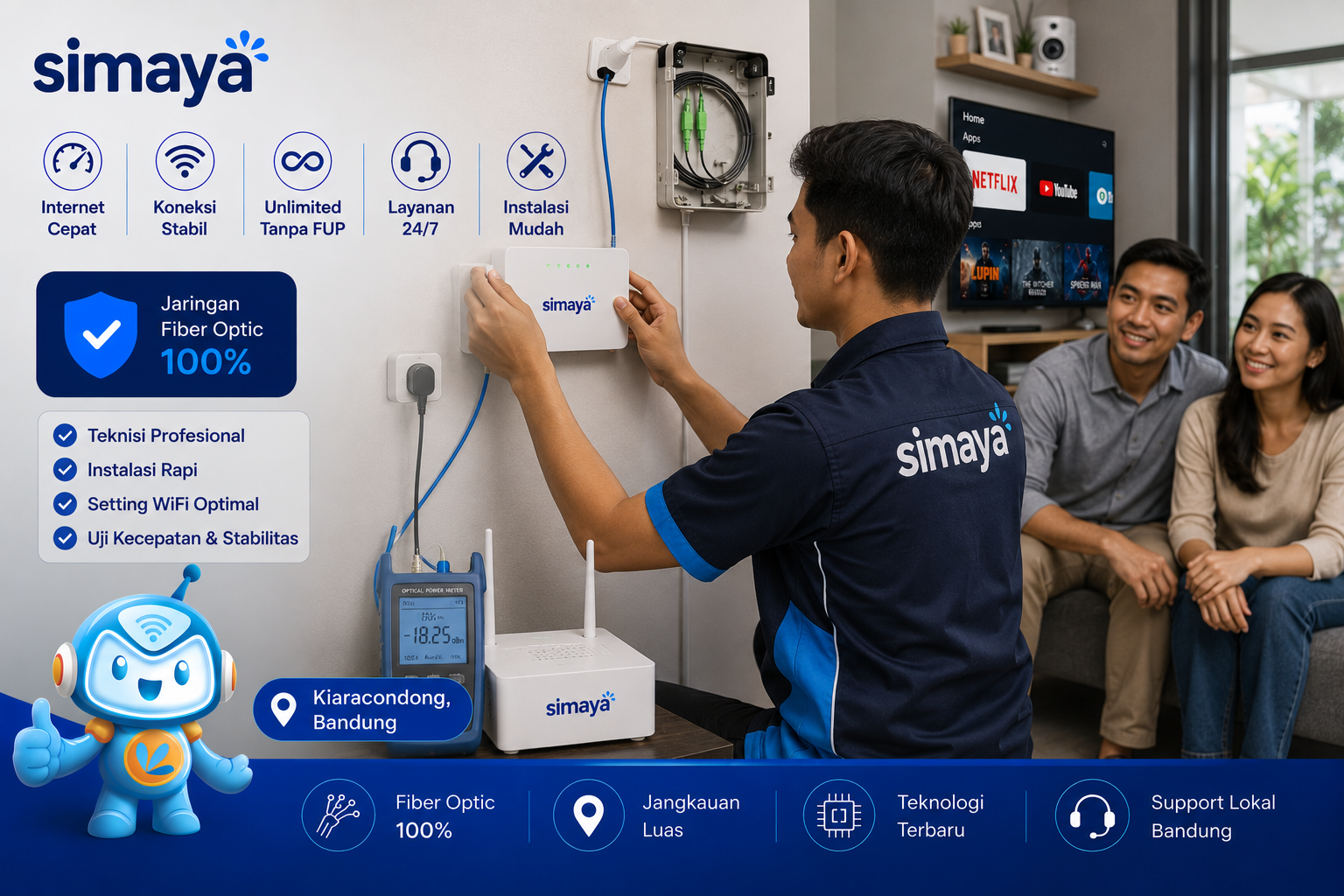 Teknisi Simaya melakukan instalasi internet fiber di Kiaracondong
