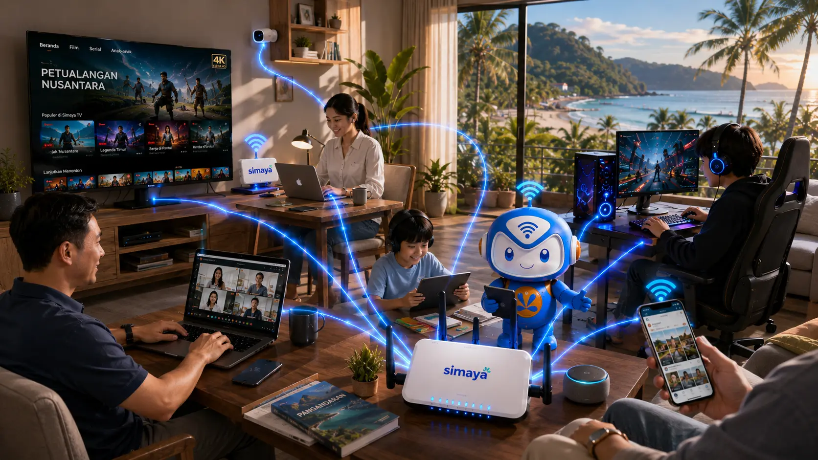 Internet fiber Simaya mendukung kerja, belajar, streaming, gaming, dan smart home di Pangandaran.