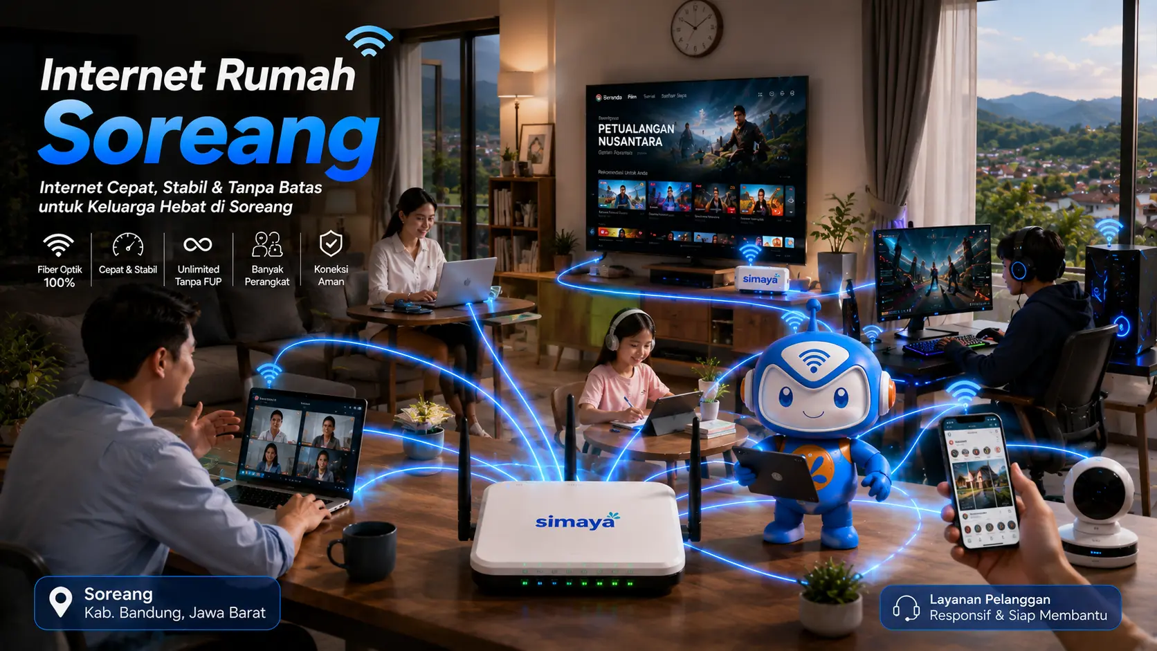 Internet Simaya mendukung kerja, belajar, streaming, gaming, dan smart home di Soreang.