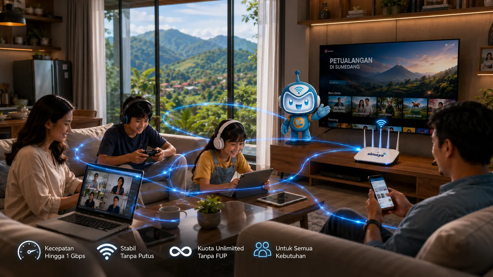 Keluarga menggunakan WiFi rumah untuk berbagai aktivitas digital di Sumedang