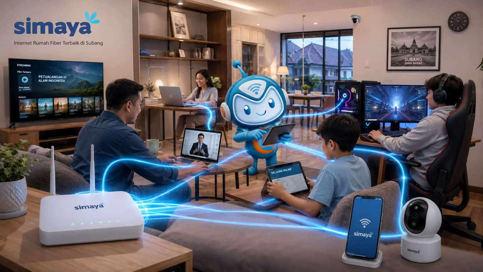 WiFi fiber Simaya mendukung kerja, belajar, streaming, gaming, dan smart home di Subang.