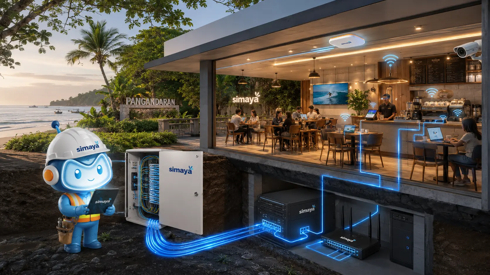 Infrastruktur fiber optik Simaya mendukung koneksi internet cafe di Pangandaran.