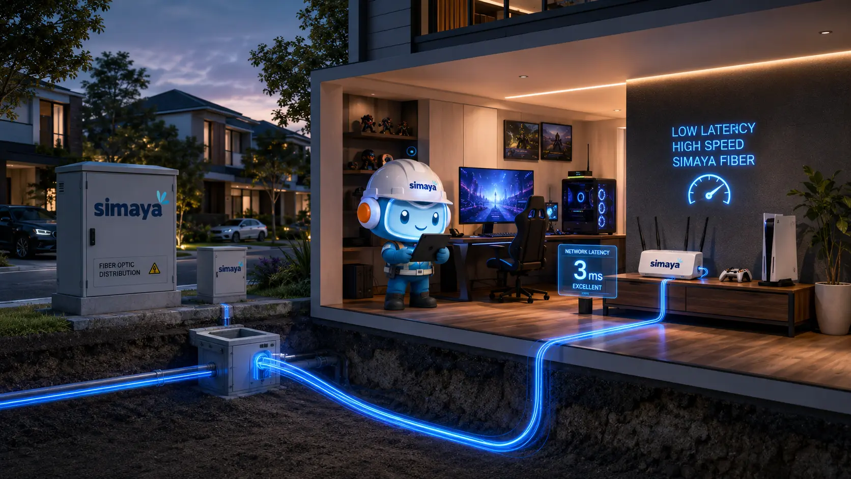Jaringan fiber optik Simaya mendukung koneksi gaming dengan latensi rendah.
