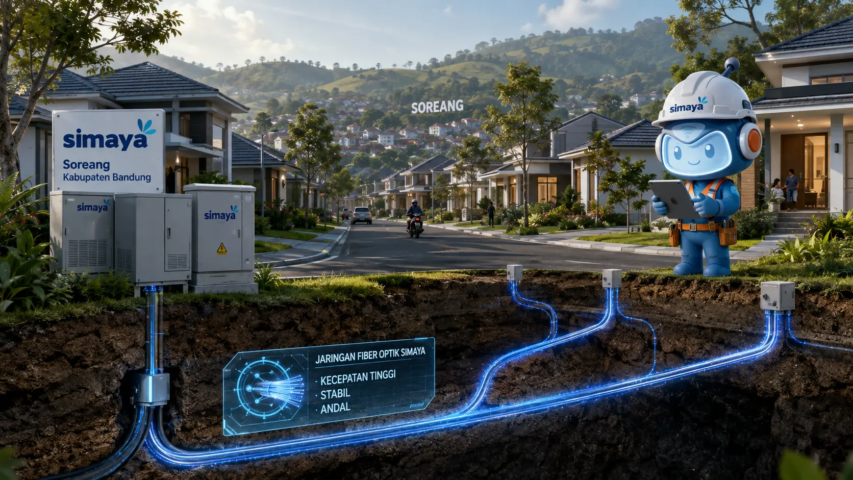 Infrastruktur fiber optik Simaya untuk internet rumah di Soreang.