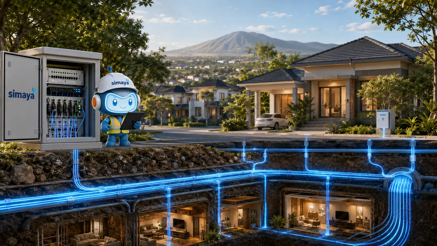 Infrastruktur fiber optik Simaya untuk internet rumah di Subang.
