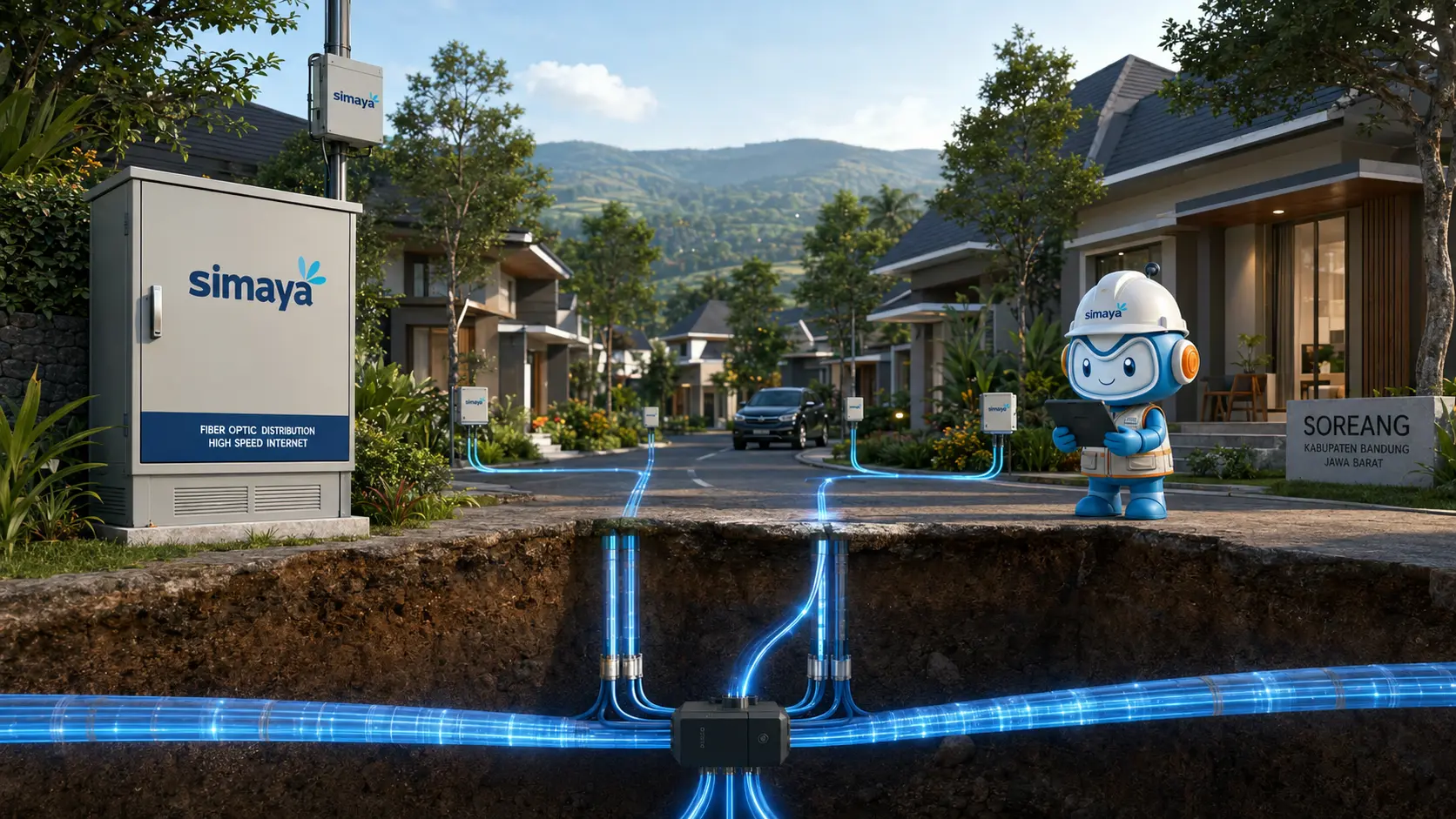 Infrastruktur fiber optik Simaya untuk internet rumah di Soreang.