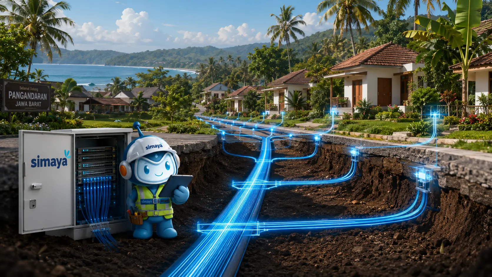 Jaringan fiber optik Simaya mendukung WiFi unlimited di Pangandaran.