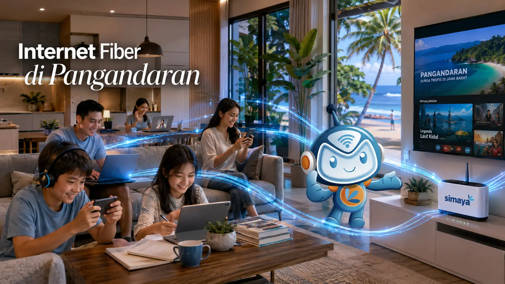 Internet fiber di Pangandaran menggunakan jaringan fiber optik Simaya.