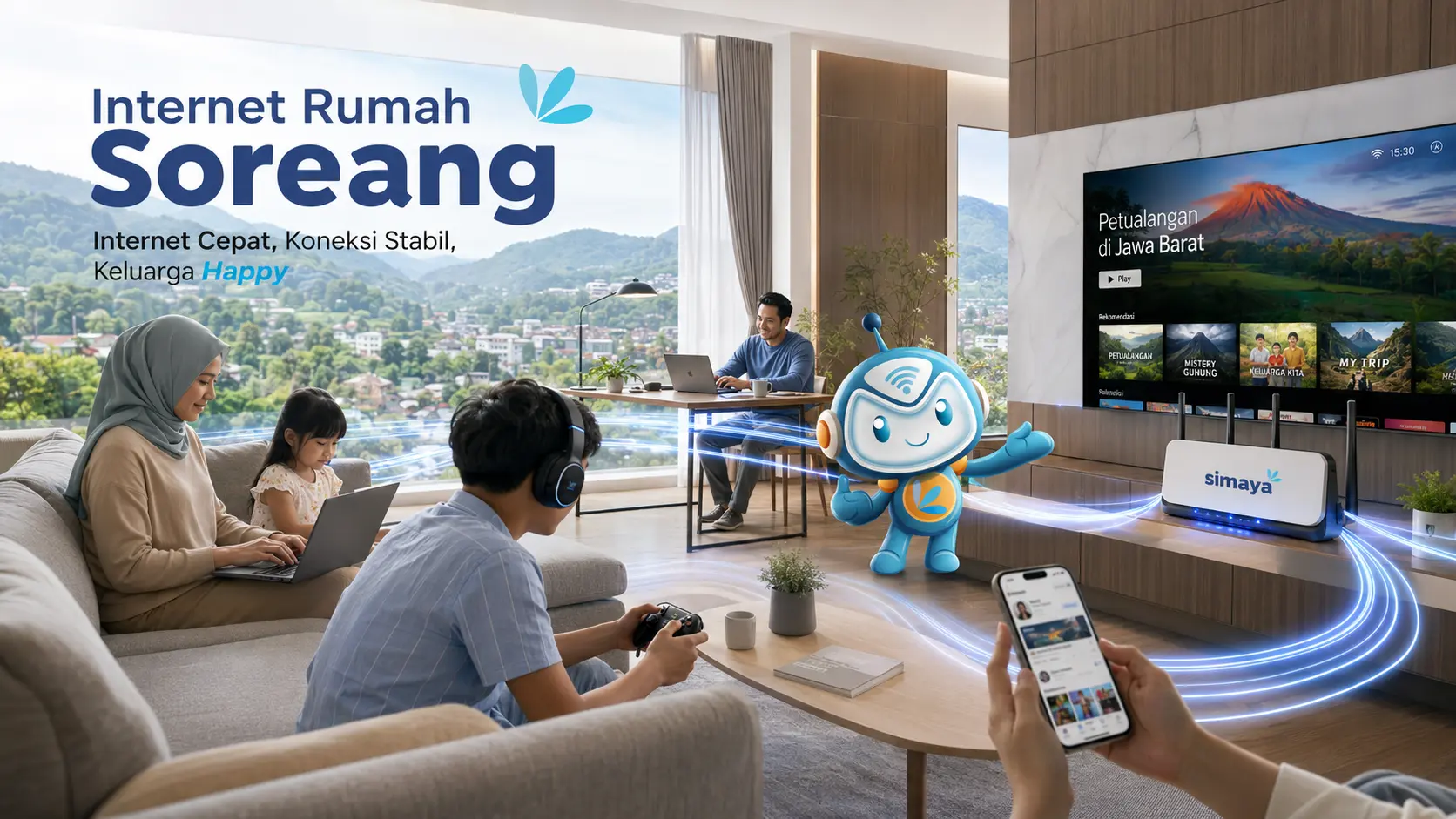 Internet rumah Soreang menggunakan jaringan fiber optik Simaya.