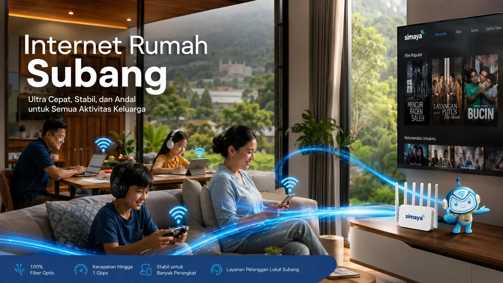 Internet rumah Subang menggunakan jaringan fiber optik Simaya.