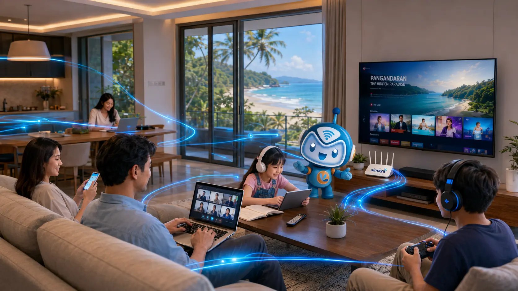 Keluarga menikmati internet fiber optik Simaya di Pangandaran.