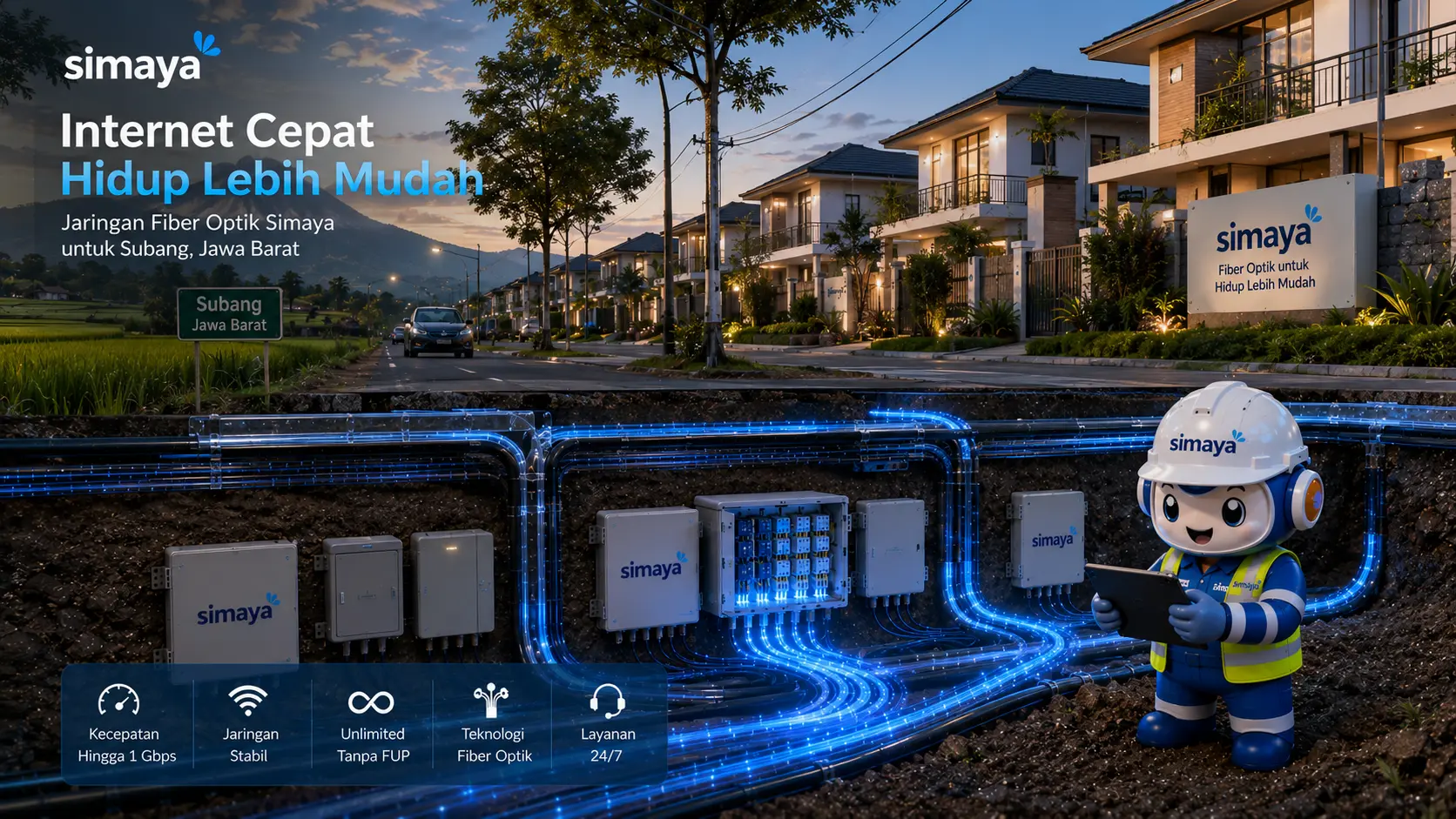Jaringan fiber optic untuk layanan WiFi rumah cepat di Subang