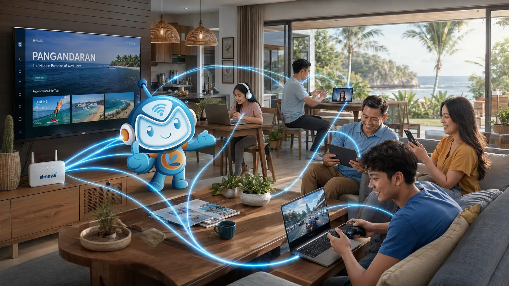 Keluarga di Pangandaran menggunakan WiFi unlimited Simaya untuk berbagai aktivitas digital.