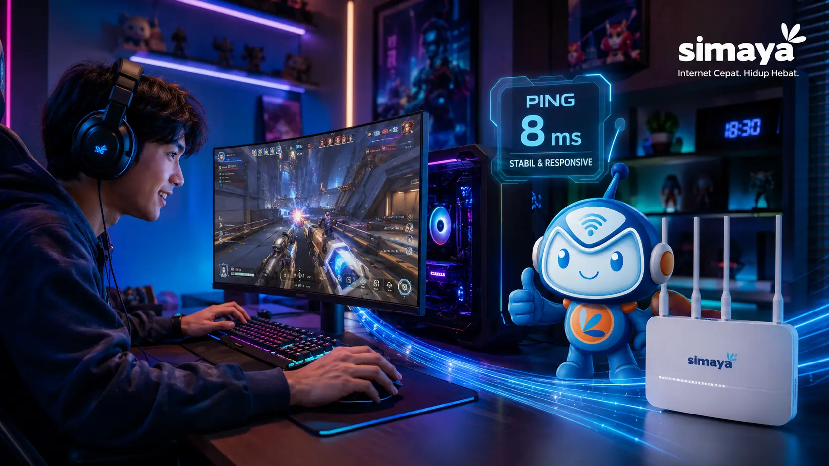 Gamer menikmati koneksi low ping untuk bermain game online bersama Simaya.
